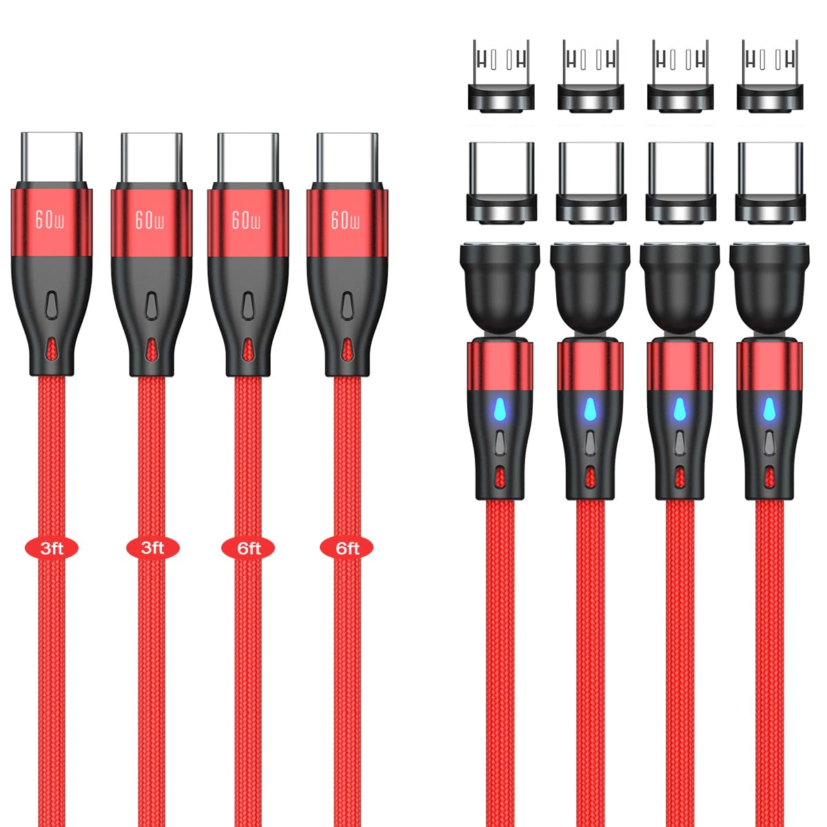 Magnetic Charging Cable (4 Pack, 3+3+6+6ft) 7Pin PD 60W USB C to USB Type C/Micro USB Fast Charging 540 Rotation Magnet Charger Cable Magnetic Phone Charger Data Cable for Smartphone Tablet Laptop