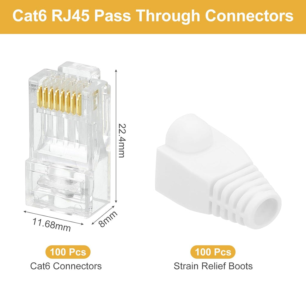 MECCANIXITY 100pcs Cat6 RJ45 Pass Through Connectors, RJ45 Connector 8P8C Gold Plated Plugs with 100pcs White Strain Relief Boots for Solid or Stranded UTP Ethernet Cable, 1.1mm