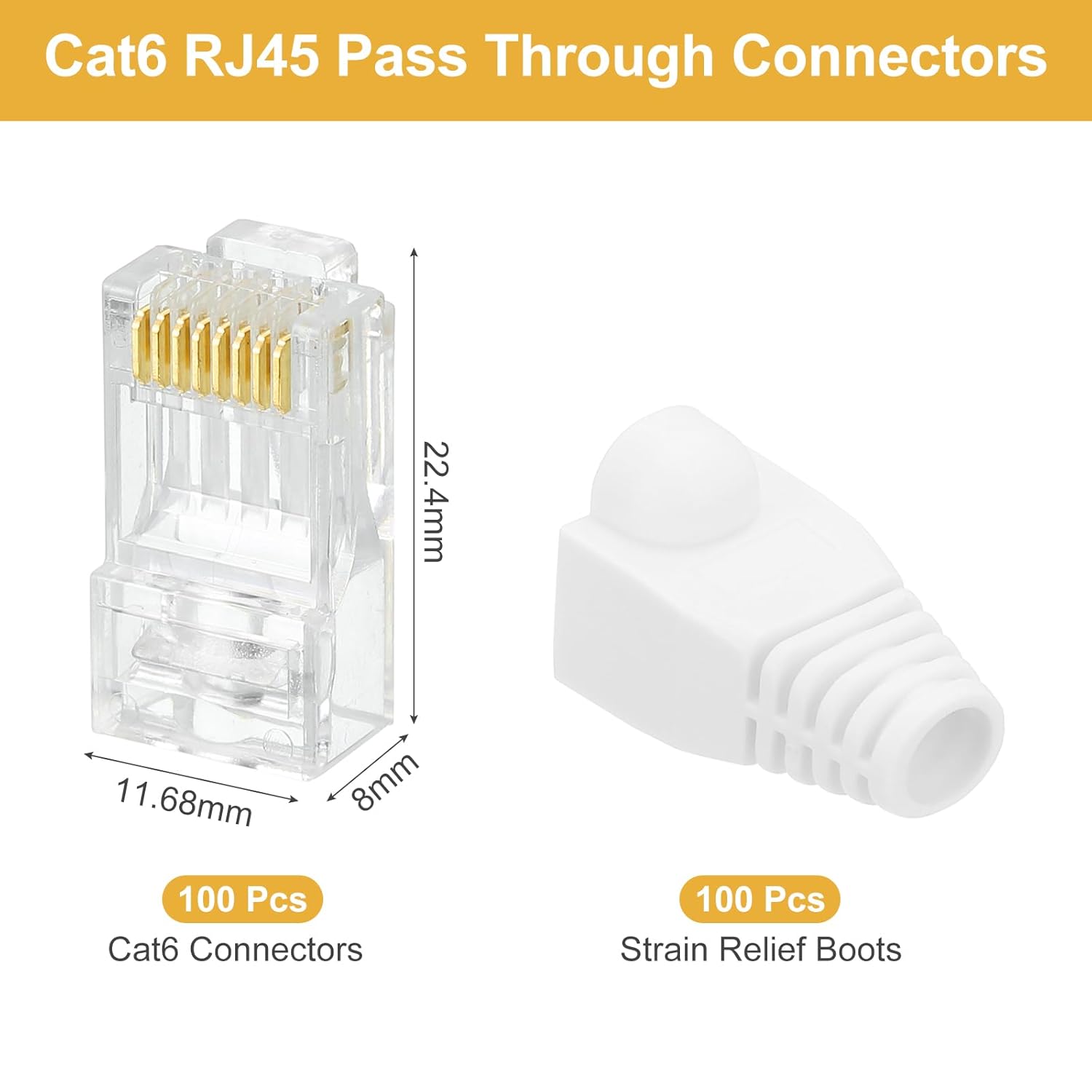 MECCANIXITY 100pcs Cat6 RJ45 Pass Through Connectors, RJ45 Connector 8P8C Gold Plated Plugs with 100pcs White Strain Relief Boots for Solid or Stranded UTP Ethernet Cable, 1.1mm