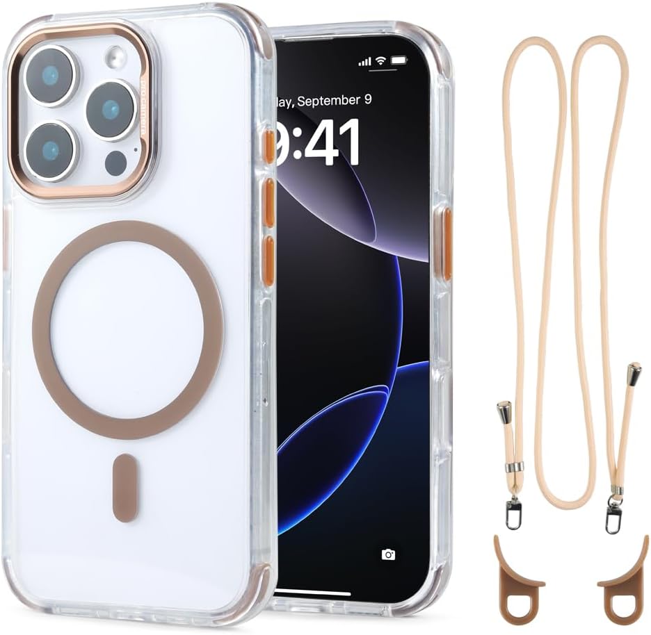 for iPhone 16 Pro Max Case with 62.99 inch Lanyard, Classic Clear&Brown Magnetic Phone Case, Drop&Shockproof Protection Cases, Phone Holder Lanyard, Compatible with Magnet Accessory