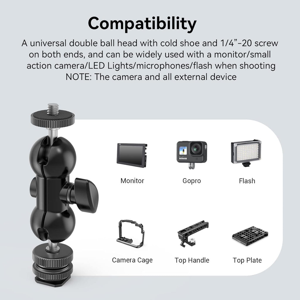 SmallRig Cool Ballhead, Multi-Function Double Ball Dead Adapter with Shoe Mount & 1/4" Screw for Monitors Led Light Microphone - 1135
