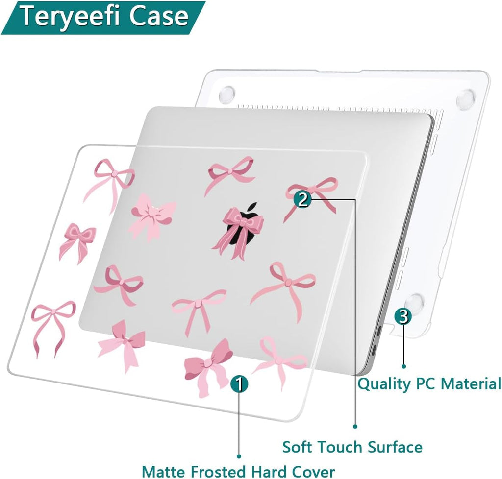 Teryeefi for MacBook Pro Case 13 inch 2024 2022-2016 Release fits Model A2338 M2 M1/A2289/A2251/A2159/A1989/A1706, Design Hard Shell for MacBook Pro 13 inch with Keyboard Cover,Cute Pink Bows