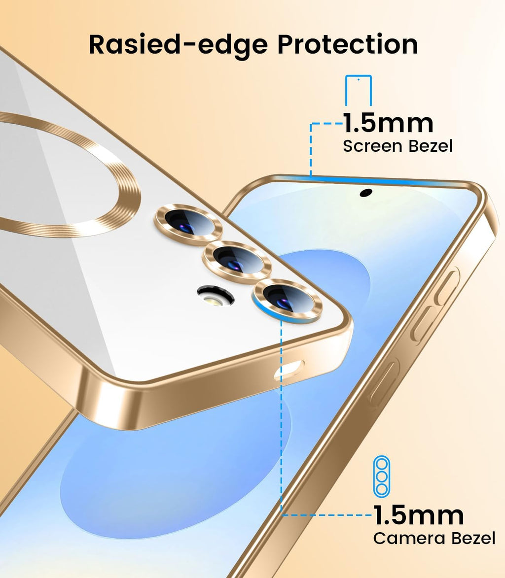 Slim Thin for Samsung Galaxy S25 Case, Compatible with MagSafe, Built-in Camera Lens Protector, Shockproof Protective Phone Case, Soft Electroplated Clear Phone Cover, Gold