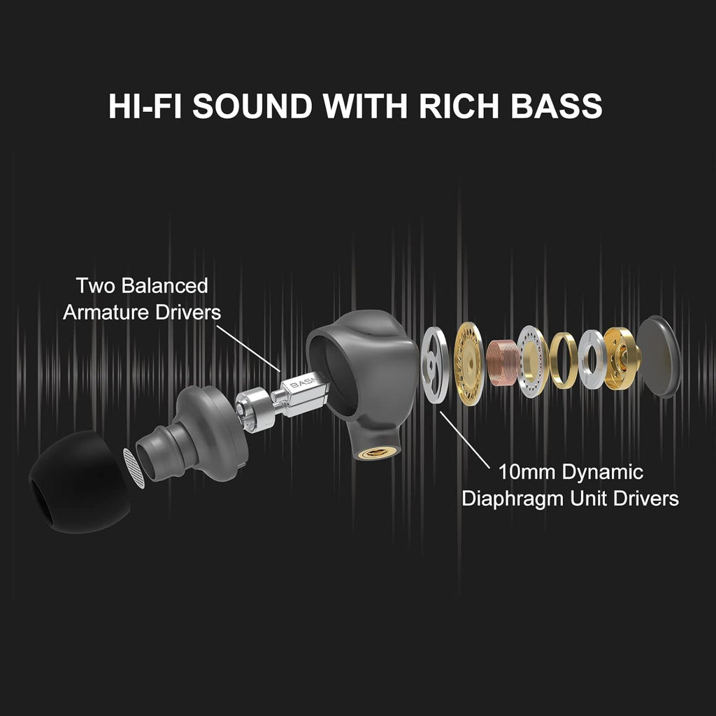 BASN Metalen in-Ear Monitors Headphones,Musicians Noise Isolating 4 Drivers IEMs with Deep Bass, Two Detachable MMCX Cables with Case for Singers,Drummers,Bassists(Gray)