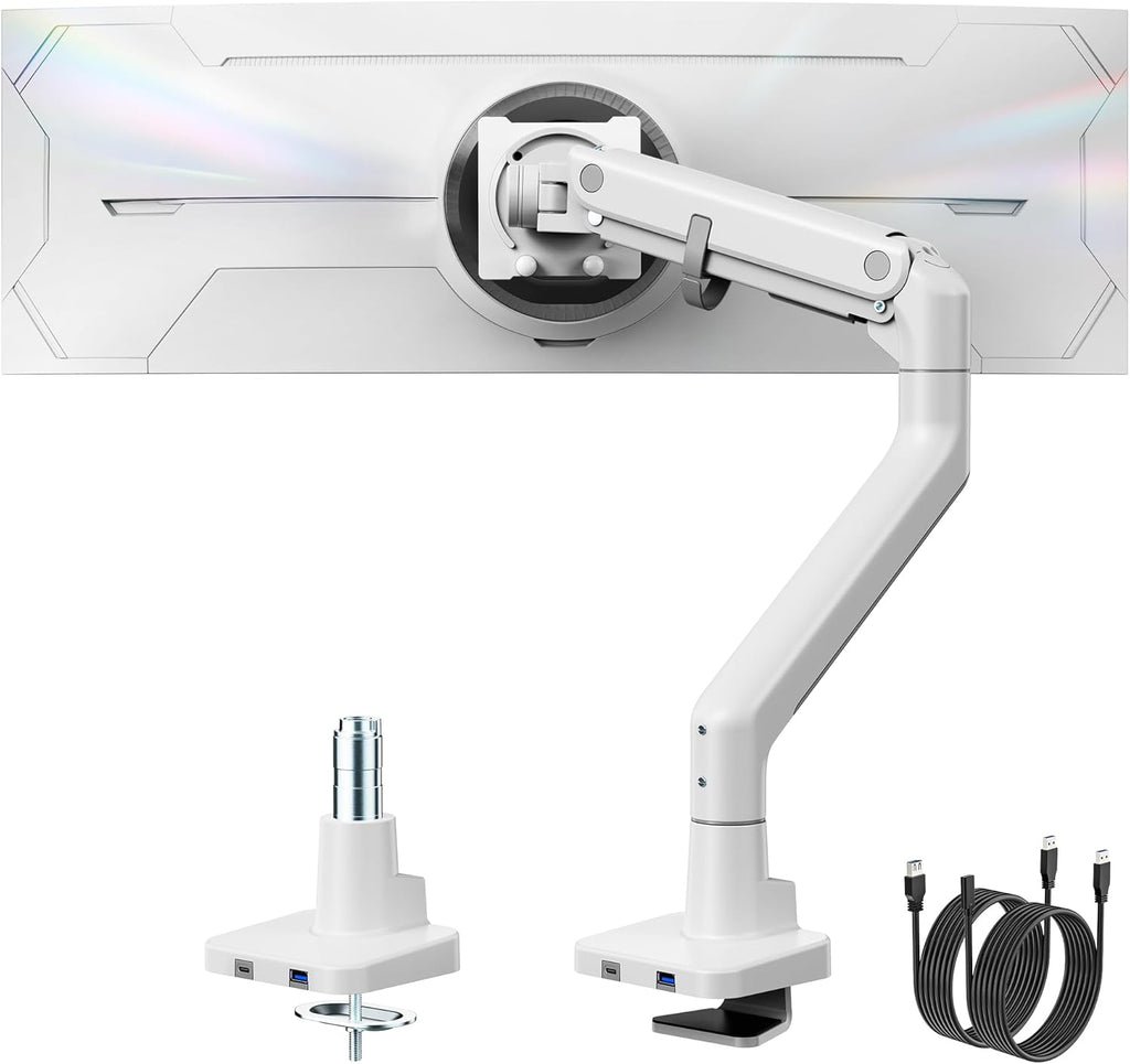 monTEK Single Monitor Arm with USB A/C, Ultrawide Monitor Stand for 17 to 57 Inch Curved Screen, Holds 59.4 lbs, Adjustable Gas Spring Arm, 75/100 VESA Mount, Clamp & Grommet Desk Mount, White