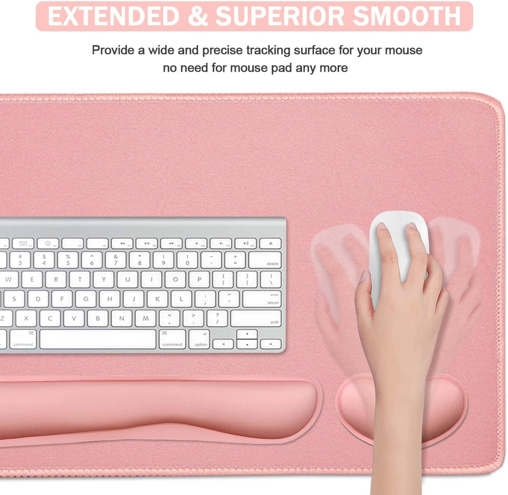4-in-1 Large Gaming Mouse Pad, Keyboard Wrist Rest Pad & Wrist Support Mousepad Set, Extended Desk Pad Waterproof Desk Mat for Home Office Study Game-Pink