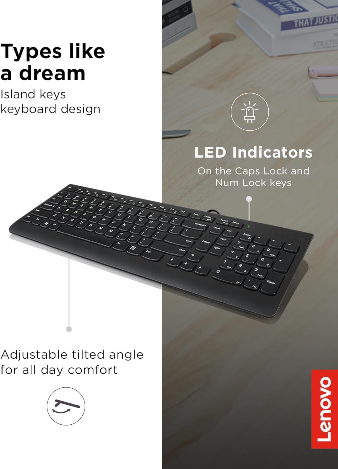 Lenovo 300 USB Keyboard, Wired, Adjustable Tilt, Ergonomic, Windows 7/8/10, GX30M39655, Black