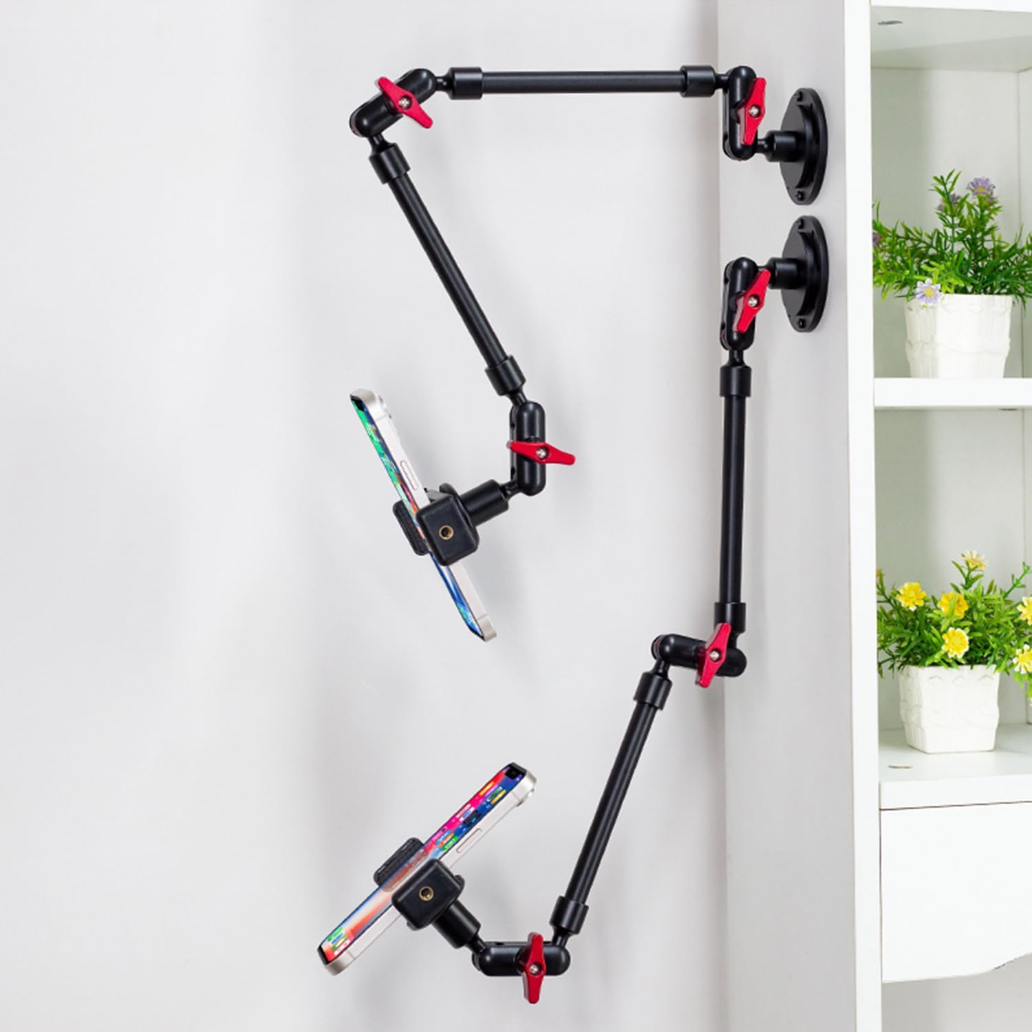 Adjustable Mobile Phone Holder for Desk, Wall and Ceiling Mount - Metal Base +60cm Arms + Phone Clip