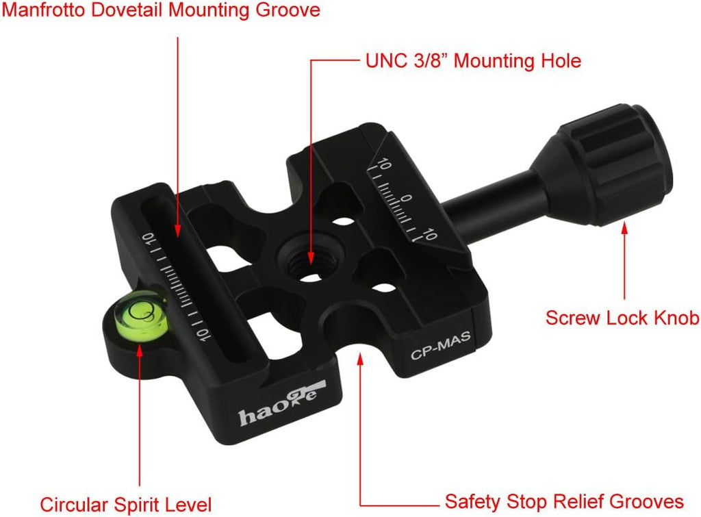 Haoge CP-MAS Screw Knob Clamp Adapter Mount for Quick Release QR Plate Camera Tripod Ballhead Monopod Ball Head Fit Arca Swiss and Manfrotto 200PL-14 RC2 Plate