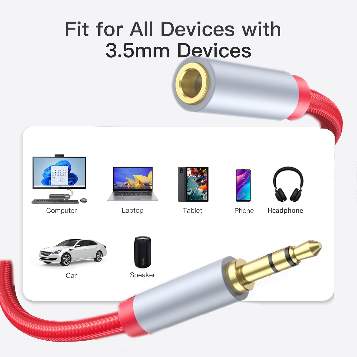 3.5mm Extension Cable 6.6ft - Headphone Extension Cable Nylon Braided Aux Cord Extender for Smartphones, Tablets, Media Players (No Mic Support) -Red