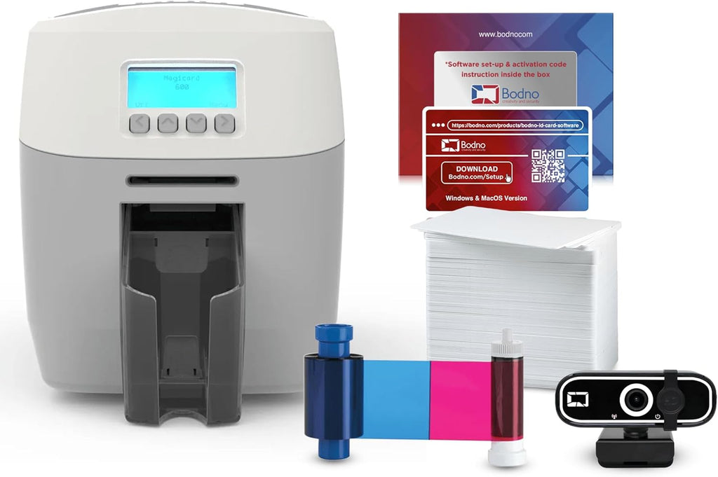 Bodno Magicard 600 Single Sided ID Card Printer & Complete Supplies Package ID Software - Silver Edition
