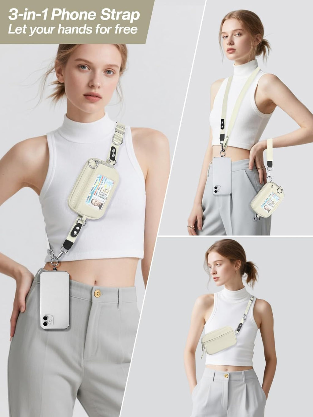 Clip and Go Strap for Phone with Wallet Crossbody Phone Lanyard Adjustable and Detachable RFID Wristlet Wallet with ID Window and Zipper, Beige
