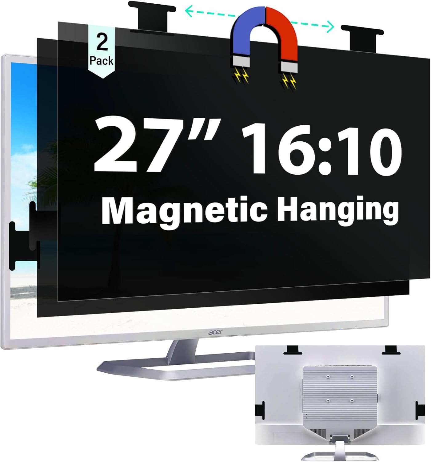 [2 Pack] Magnetic 27 Inch Computer Privacy Screen for 16:10 Aspect Ratio Widescreen Monitor, Hanging Eye Protection Anti Glare Blue Light Computer Monitor Privacy Filter, Removable 27in Protector Film