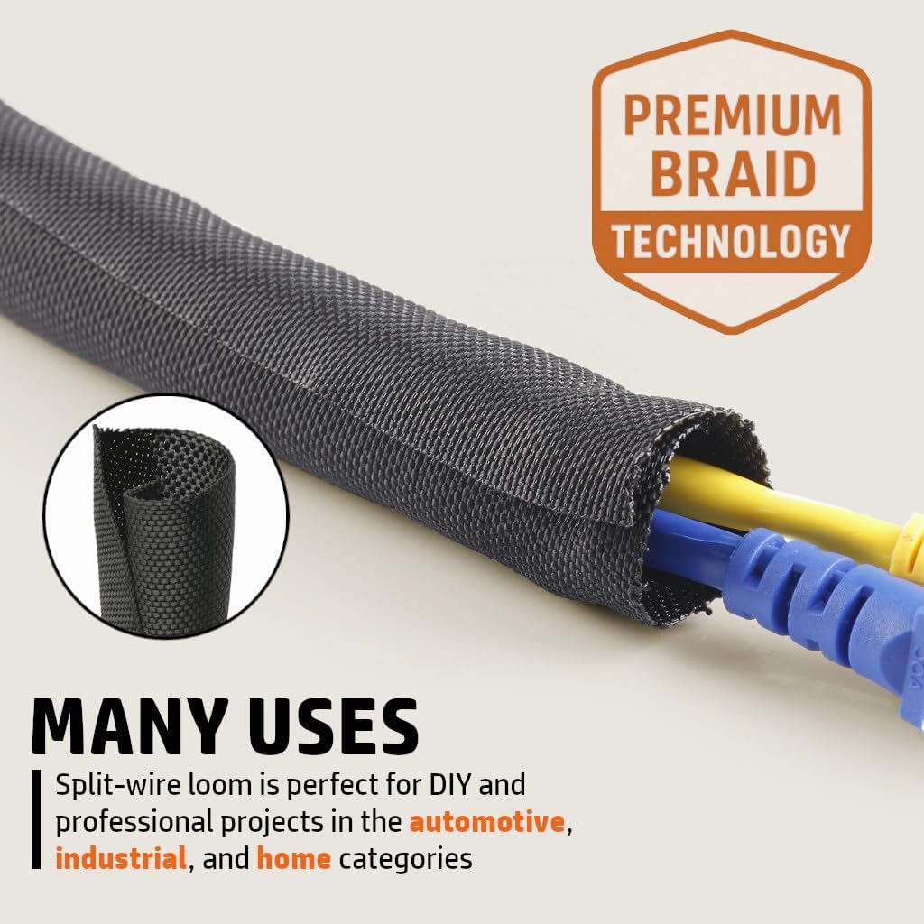 MGI SpeedWare Woven Mesh Split-Sleeve Wire Loom for High-Temperature Automotive Harness and Home Cable Management - 25 feet (1.5")
