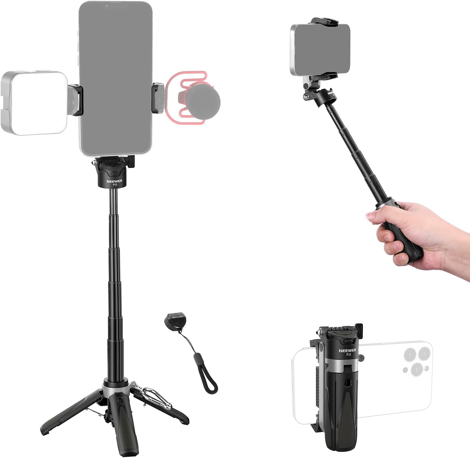 NEEWER Selfie Stick with Detachable Bluetooth Remote Shutter, Lightweight Foldable Travel Tripod for iPhone for YouTube/TikTok Vlogs Live Streaming Photography, Black, P15
