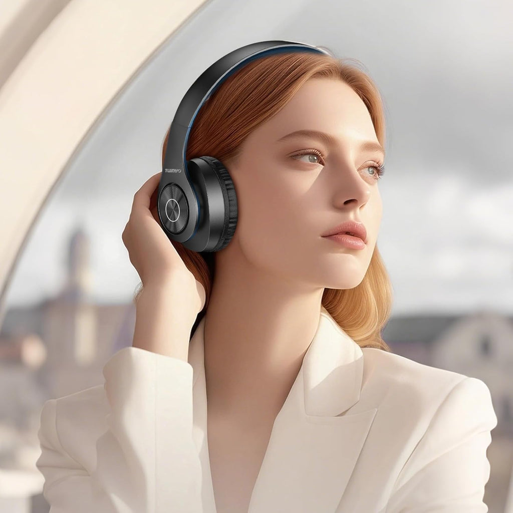 TUINYO Bluetooth Headphones Wireless, Over Ear Stereo Wireless Headset 40H Playtime with deep bass, Soft Memory-Protein Earmuffs, Built-in Mic Wired Mode PC/Cell Phones/TV-Black/Blue …