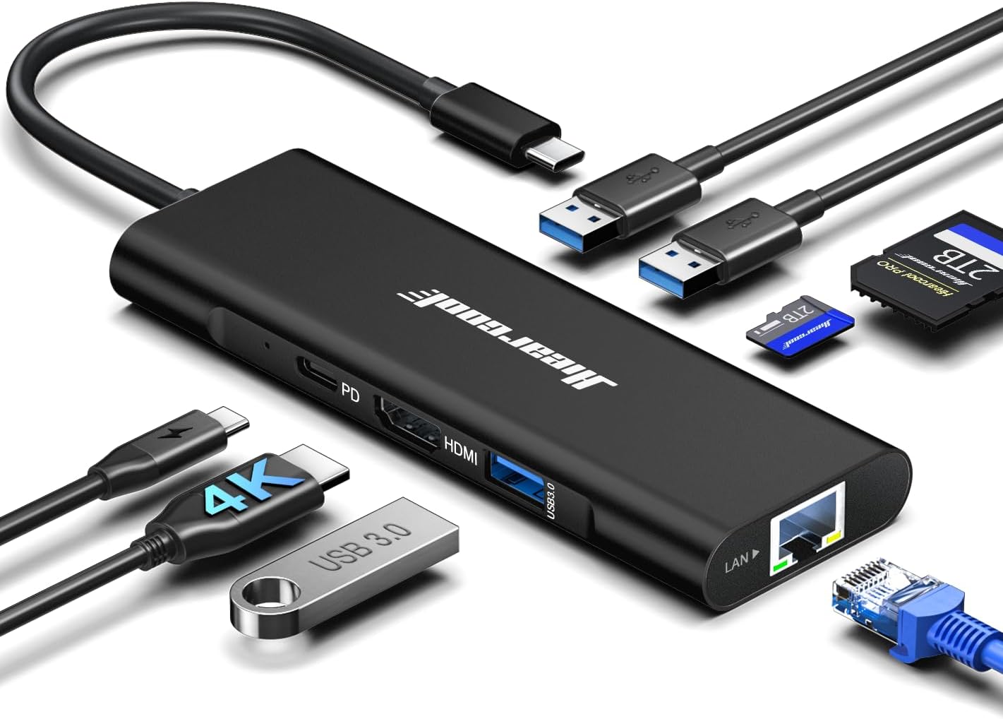 Hiearcool USB C Hub, USBC to 4K@60 Hz HDMI Adapter with 100W PD, 8-in-1 USB-C Dongle Multiport Dock Compatible for MacBook Dell Lenovo HP Laptops-Midnight Black