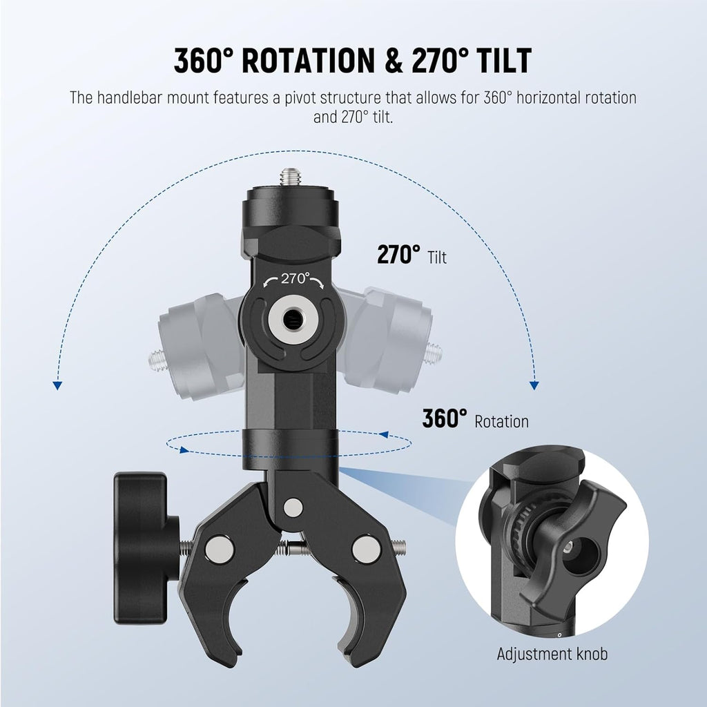 NEEWER Motorcycle Bike Handlebar Clamp Mount, Heavy Duty Clip Holder, 1/4" Screw & 3 Prong Adapter Compatible with Insta360 X5 X4 GoPro Hero 13 12 POV Video Recording, 360° Rotation & 270° Tilt, CA161