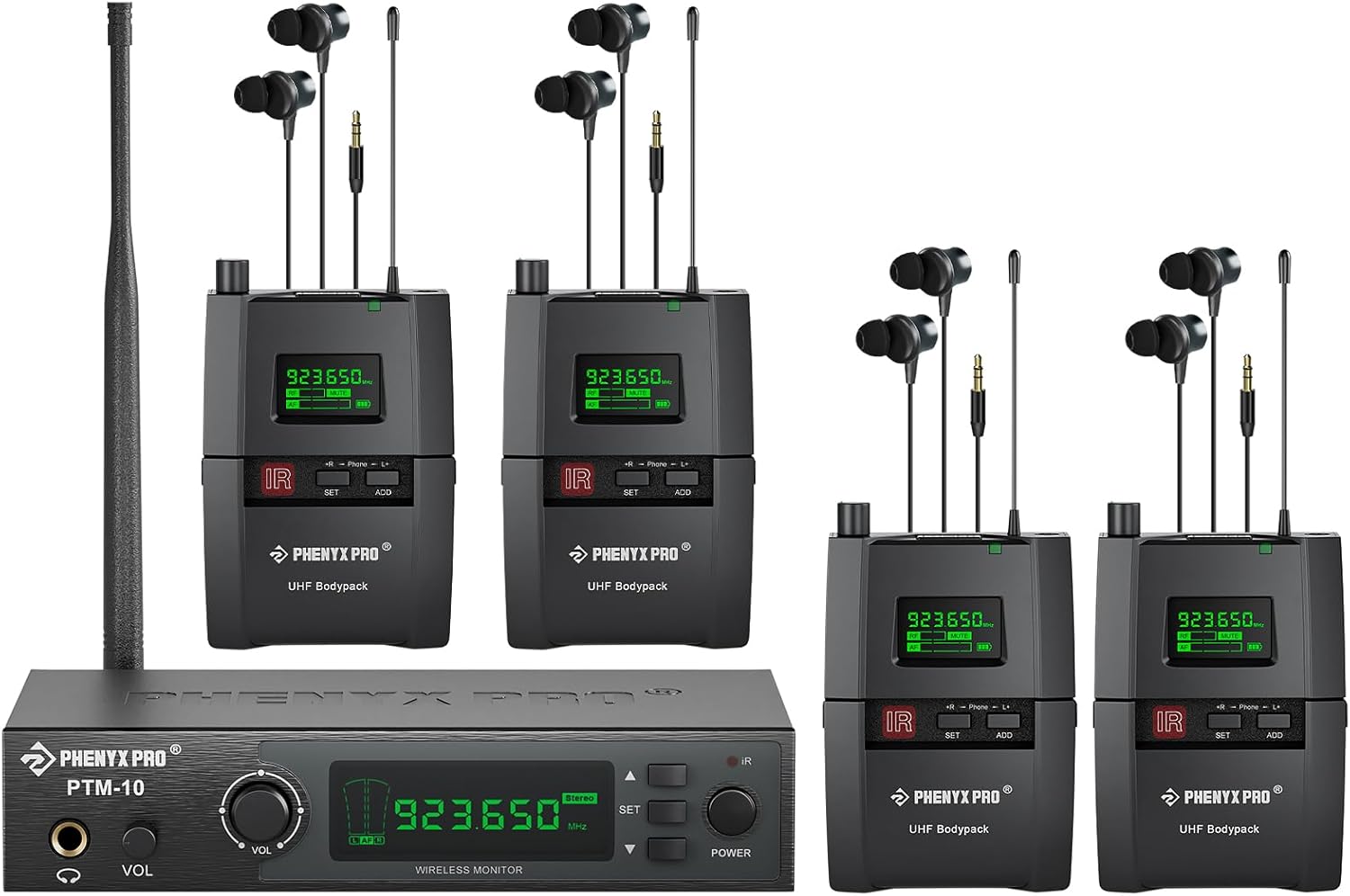 Phenyx Pro Wireless in-Ear Monitor System, Stereo IEM System with Rack Mount Kit, 89 Frequencies, 900MHz UHF Band, 164ft Range, Suitable for Stage & Studio (4 Bodypacks with Transmitter)