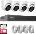 H.VIEW 4K Security Camera System, 4pcs H.265 PoE Wired Turret Cameras with Person Detection, 4K/8MP 8CH NVR with 3TB HDD for 24-7 Recording,Trigger Color Night Vision, Email Alert, AI Human