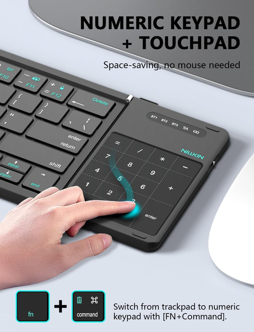 Nillkin Foldable Keyboard with Touchpad, Bluetooth Keyboard with Number Pad, Full Size Keys, Large Trackpad Small Travel Portable Keyboards for iPad Laptop PC Tablets -Khaki