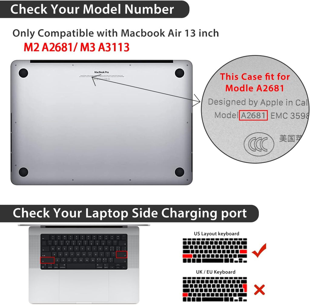 for 2025 2024 2023 2022 MacBook Air 13 inch Case M4 A3240 M3 A3113 M2 A2681 with Touch ID& 13.6" Liquid Retina Display, Plastic Hard Shell&Keyboard Cover&Screen Film&Webcam Cover, Butterfly
