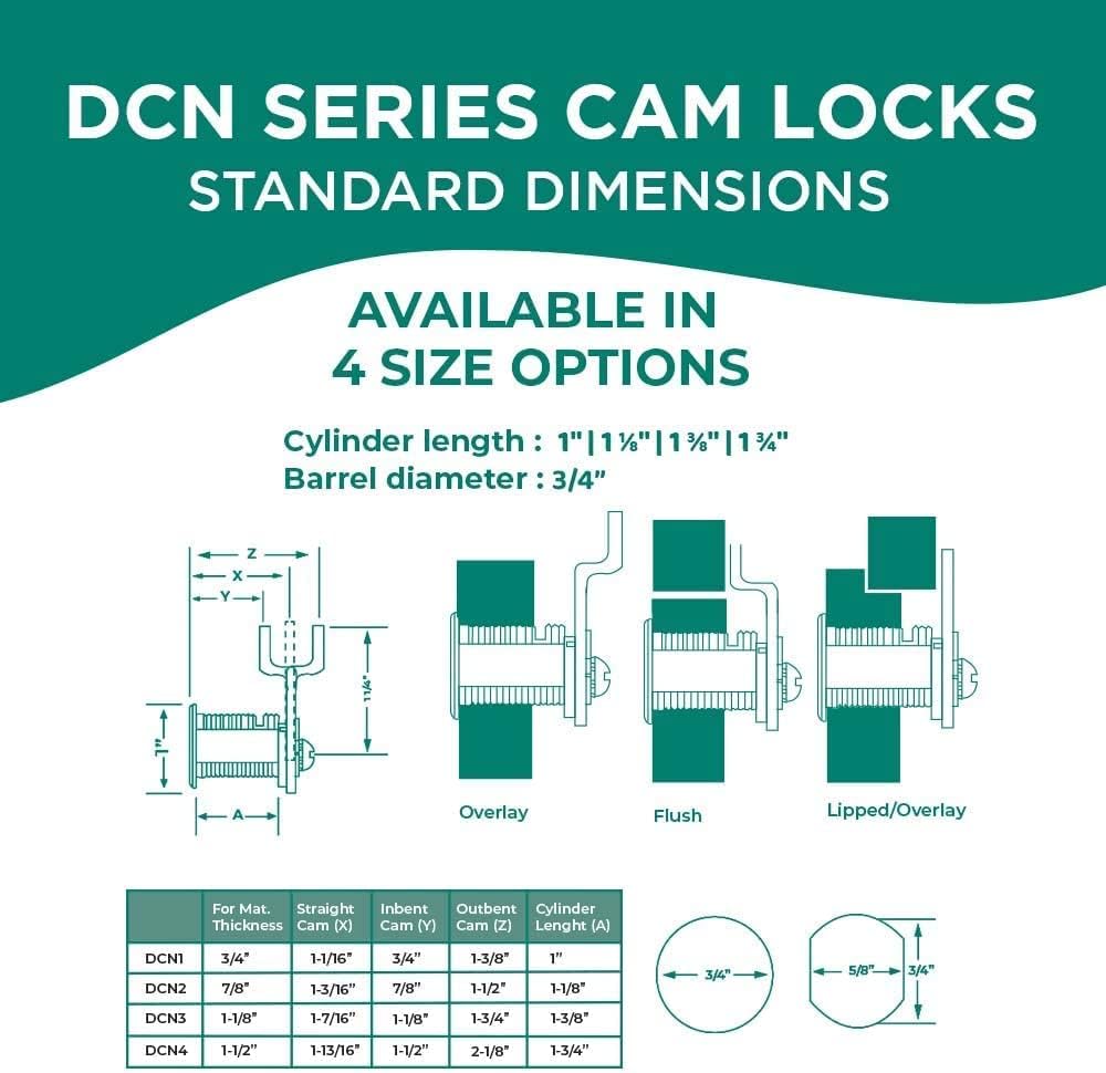 Olympus Lock DCN2 Rekeyable Cam Locks | 1-1/8" Cylinder 101 Key Lock, Keyed Alike | Grade 1 Cam Lock | US26D Chrome Cabinet Locks | Reversible Cam Lock for Doors & Drawer Lock