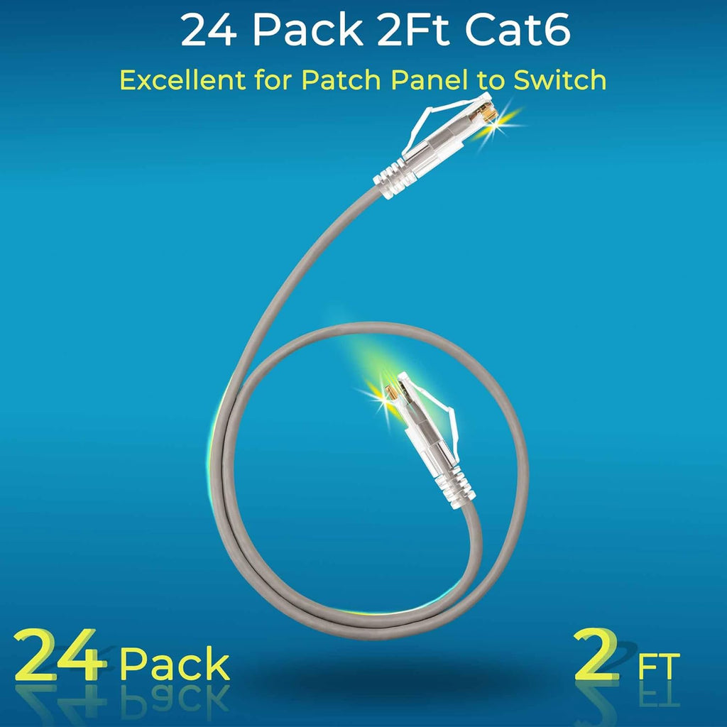 Rapink Patch Cables Cat6/ Cat6a 3ft (24 Pack) Slim, Cat6a Ethernet Patch Cable 30G Support, Snagless Cat 6 Patch Cable for Patch Panel to Switch, Flexiable Cat6 Ethernet Cable Grey