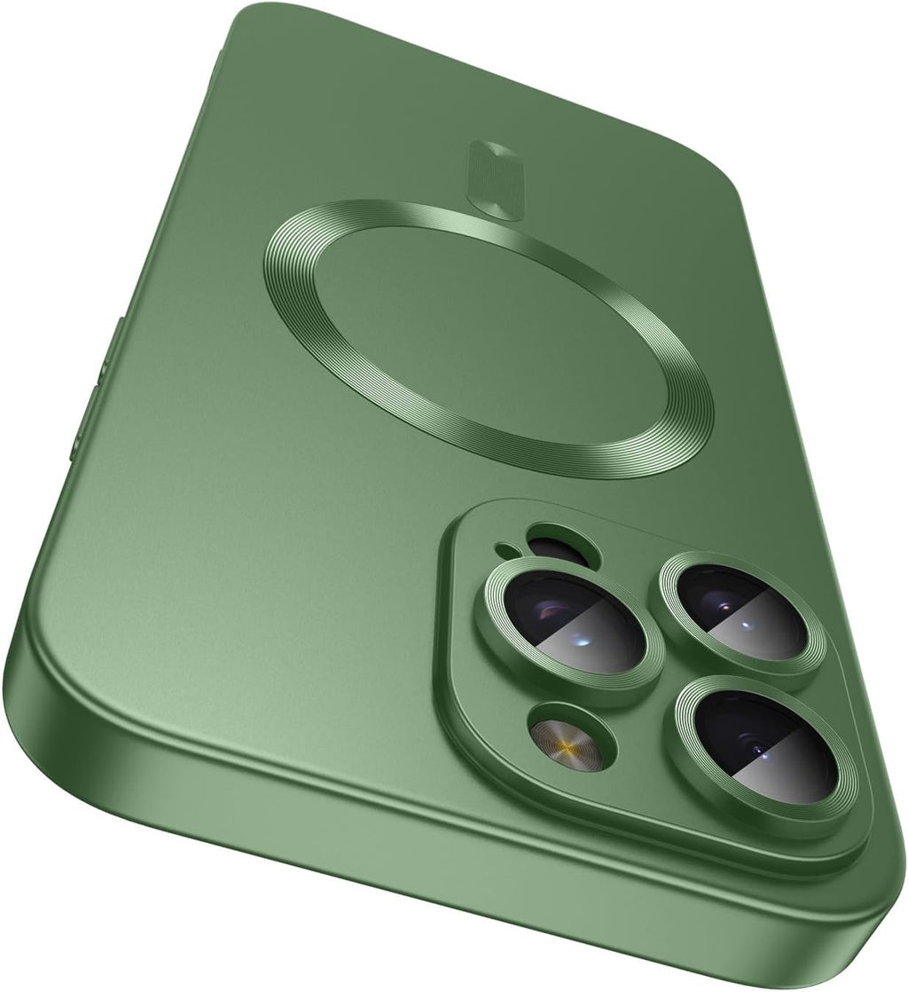 Magnetic for iPhone 15 Pro Max Case [Compatible with MagSafe][Built-in Camera Lens Protector] Slim Soft Silicone Bumper Shockproof Metallic Luster Phone Case (Green)