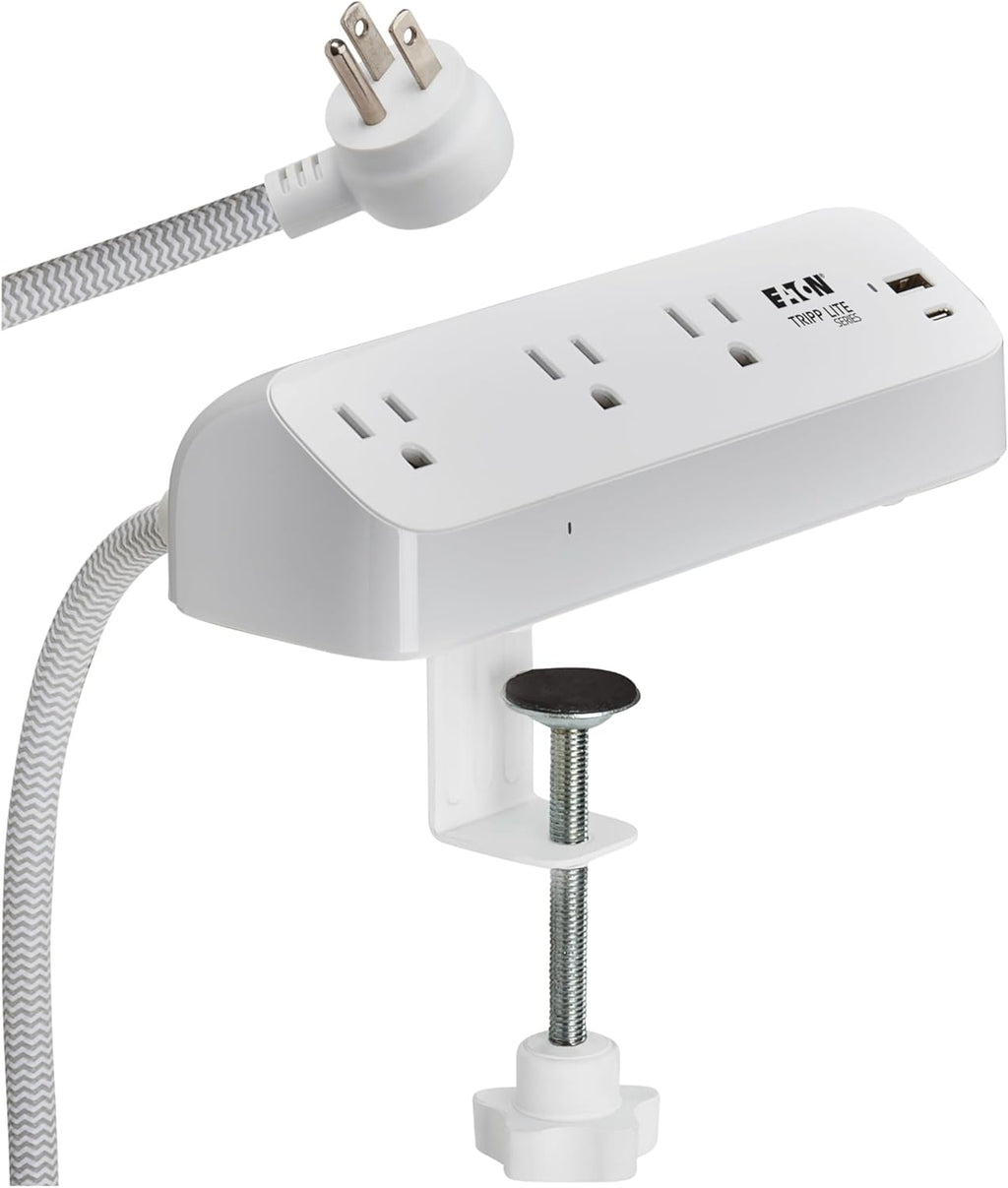 Eaton Tripp Lite Series Desk Clamp Power Strip Surge Protector, 3-Outlets, USB-A & USB-C Charging Ports, 900 Joules, 8ft Braided Flat Extension Cord, Lifetime Manufacturer's Warranty (TLP308U20CLAMP)