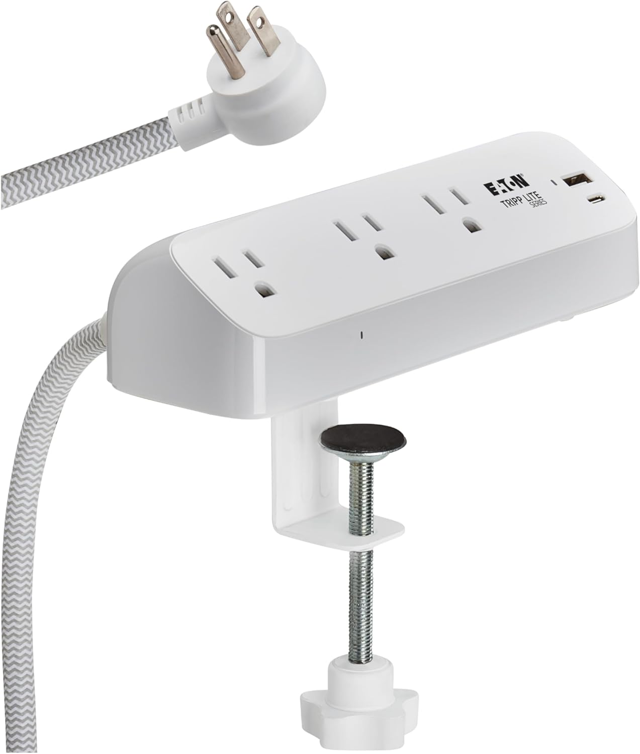 Eaton Tripp Lite Series Desk Clamp Power Strip Surge Protector, 3-Outlets, USB-A & USB-C Charging Ports, 900 Joules, 8ft Braided Flat Extension Cord, Lifetime Manufacturer's Warranty (TLP308U20CLAMP)
