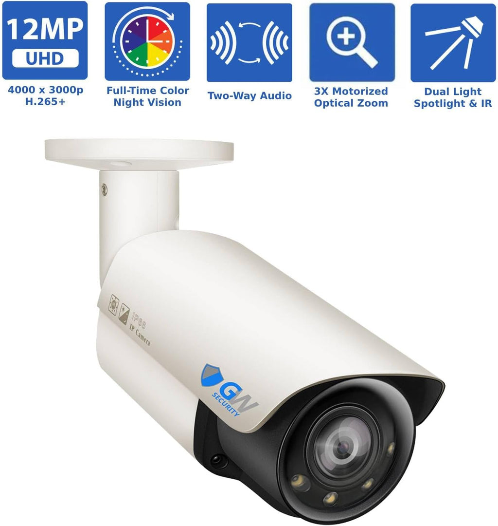 GW Security 64 Channel UltraHD 12MP 6K @ 30FPS Realtime 3X Motorized Zoom PoE Security Camera System with 32 x 12MP IP Two-Way Audio Full-Time Color Night Vision Outdoor/Indoor Smart AI Bullet Cameras