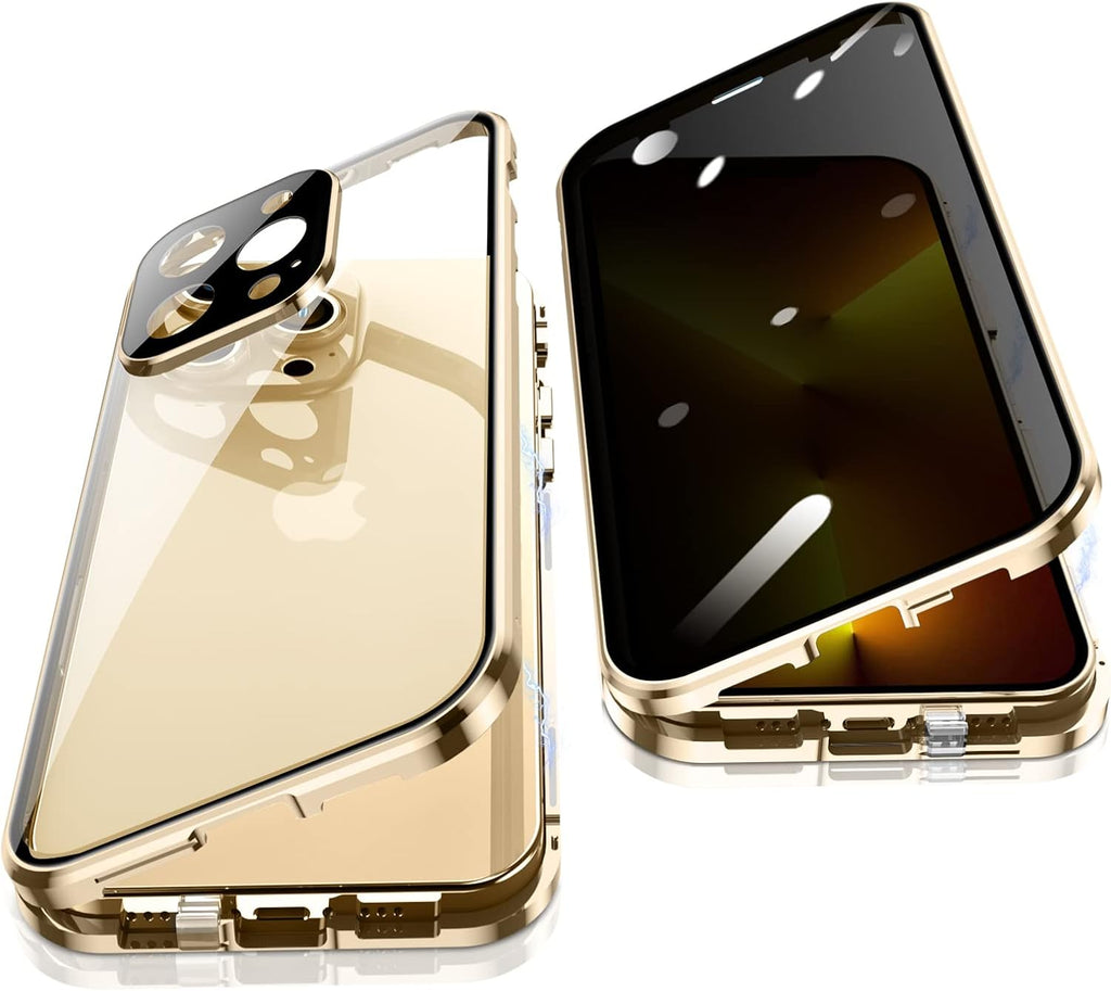 Jonwelsy Anti Peeping Case for iPhone 13 Pro Max, 360 Degree Protection Cover, Privacy Tempered Glass Anti-Spy Case Cover, Magnetic Adsorption Bumper Metal Frame Case for 13 Pro Max (Gold)