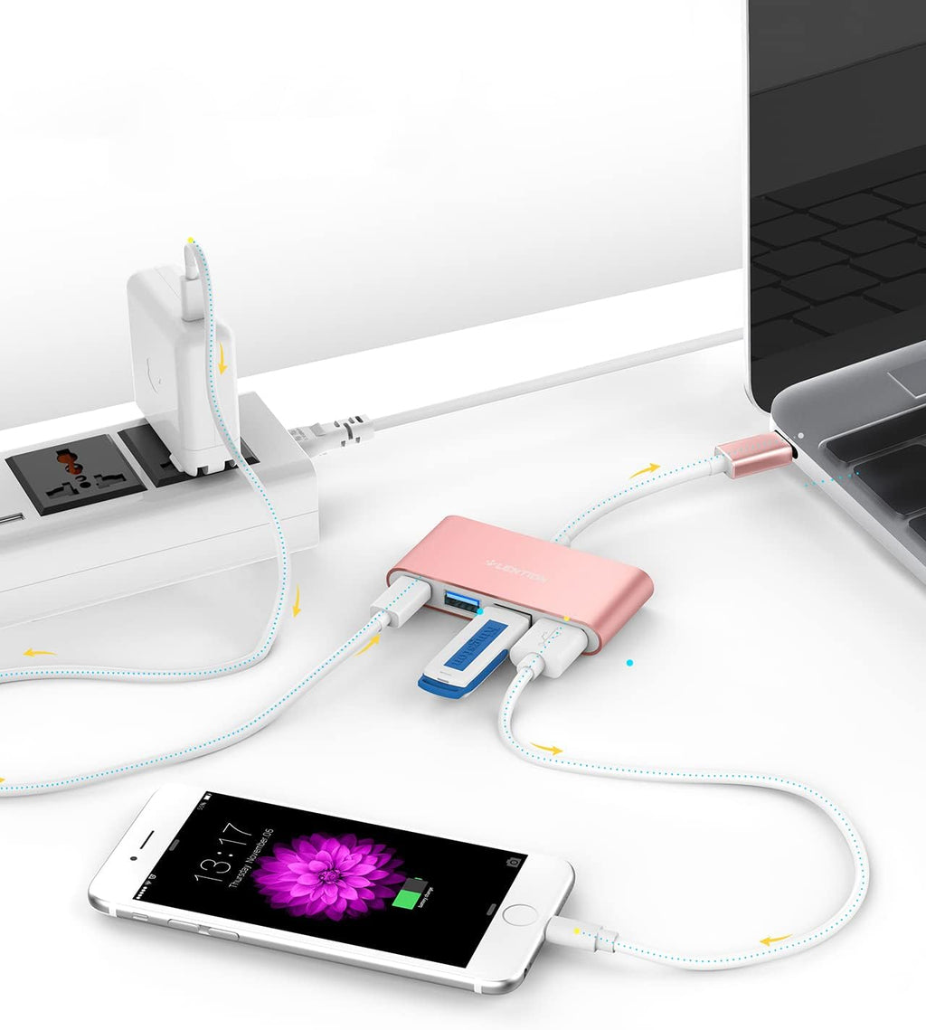 LENTION 4-in-1 USB-C Hub with Type C, USB 3.0, USB 2.0 for 2024-2016 MacBook Pro (M1-M4), iPhone 16-15 New Mac Air/Surface, ChromeBook, More, Multiport Charging & Connecting Adapter (C13, Rose Gold)