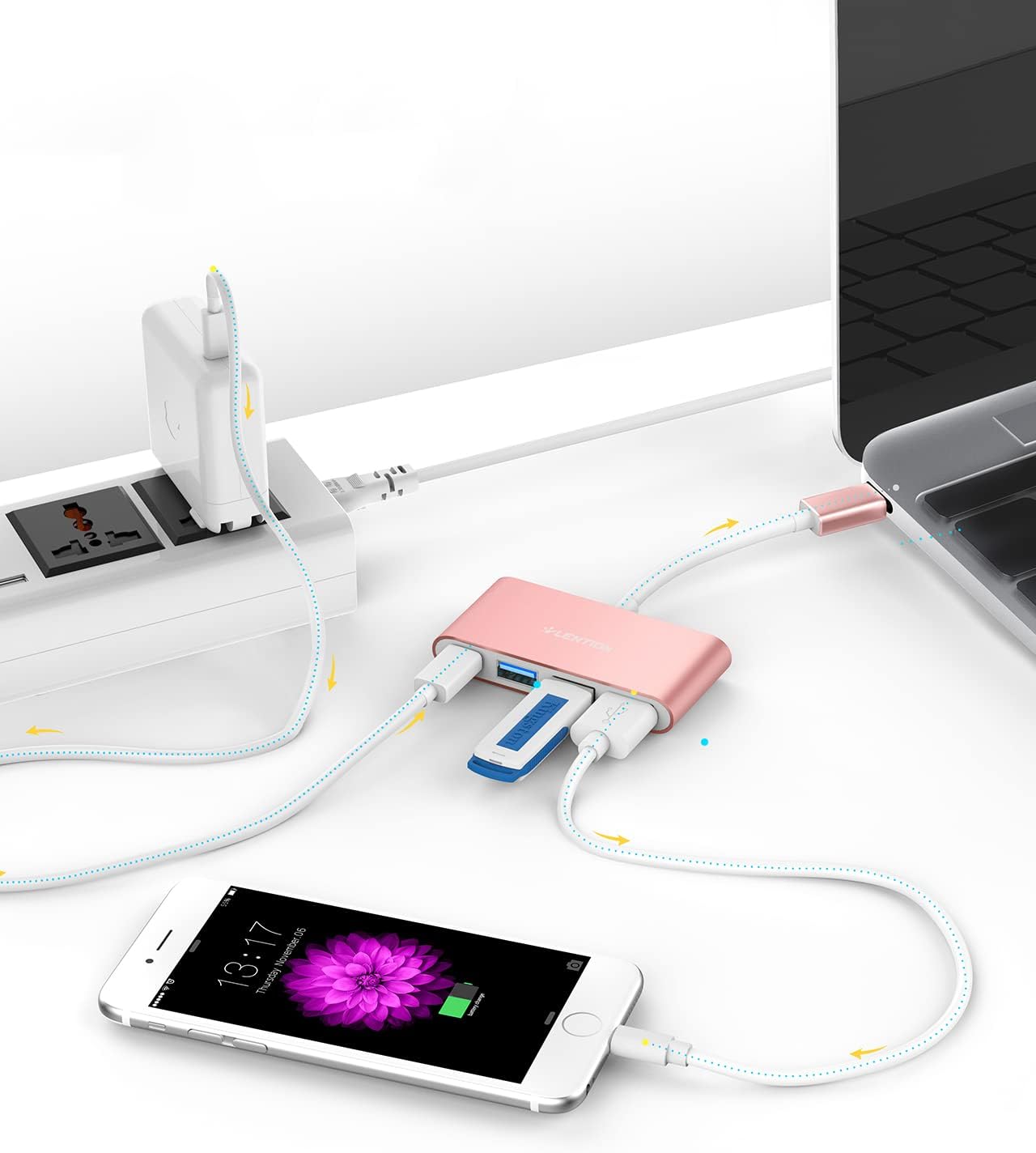 LENTION 4-in-1 USB-C Hub with Type C, USB 3.0, USB 2.0 for 2024-2016 MacBook Pro (M1-M4), iPhone 16-15 New Mac Air/Surface, ChromeBook, More, Multiport Charging & Connecting Adapter (C13, Rose Gold)