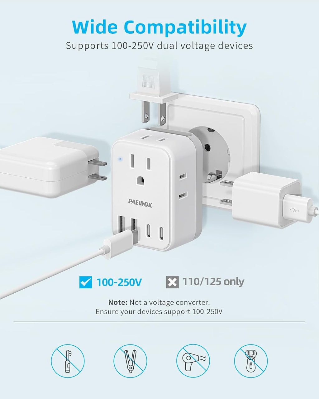International Power Adapter Set, US to Worldwide Universal Travel Adapter- 4 AC Outlets 4 USB Ports (2 USB C), Type C/G/A/I/D/M Detachable Charger Plug for EU/UK/AUS/Japan/South Africa
