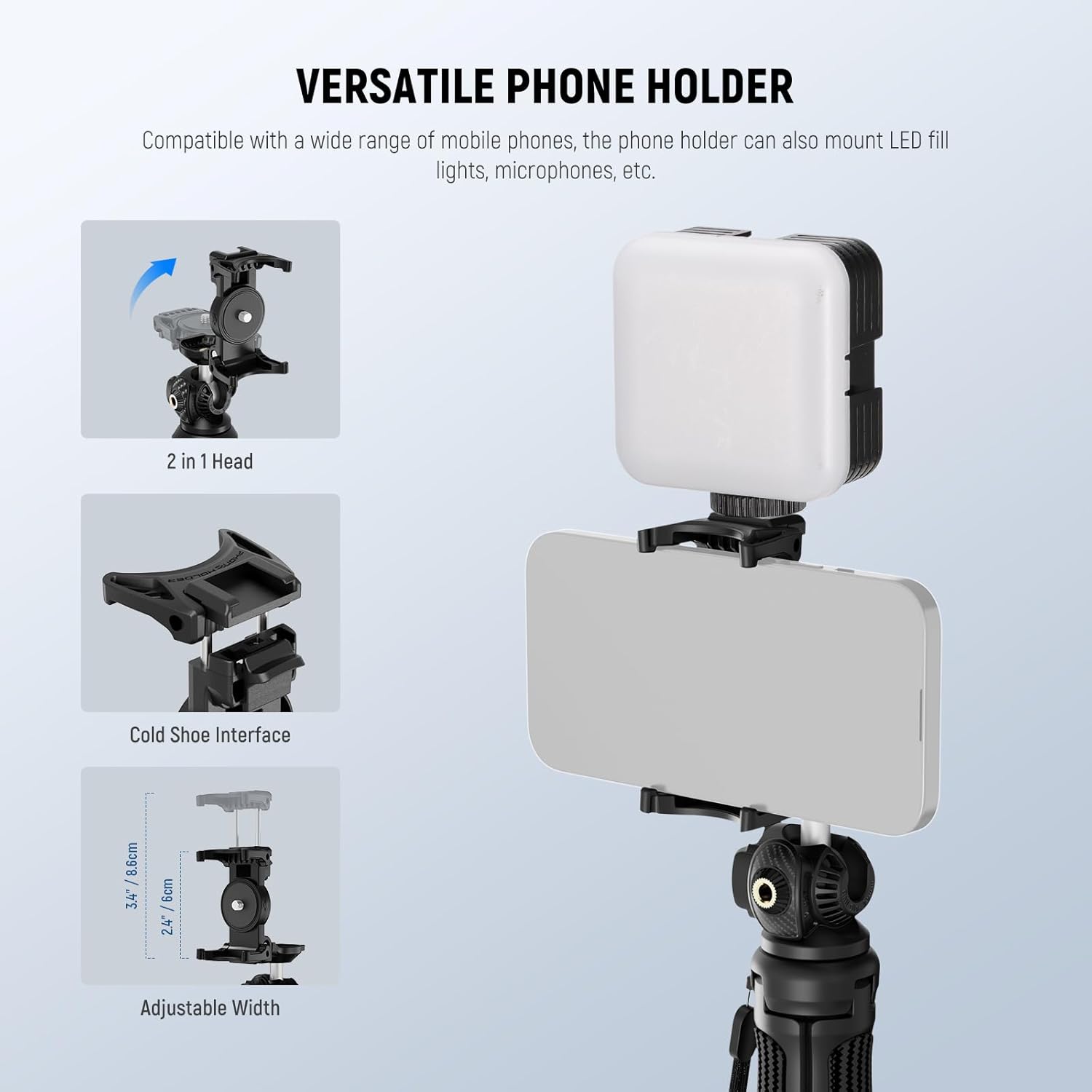 NEEWER TP38 Phone Camera Tripod, 15" Extendable Selfie Stick Metal Stand with Phone Holder, Action Camera Adapter Compatible with Hero 12 11 10 9, 360° Ball Head Travel Tripod for Vlogging