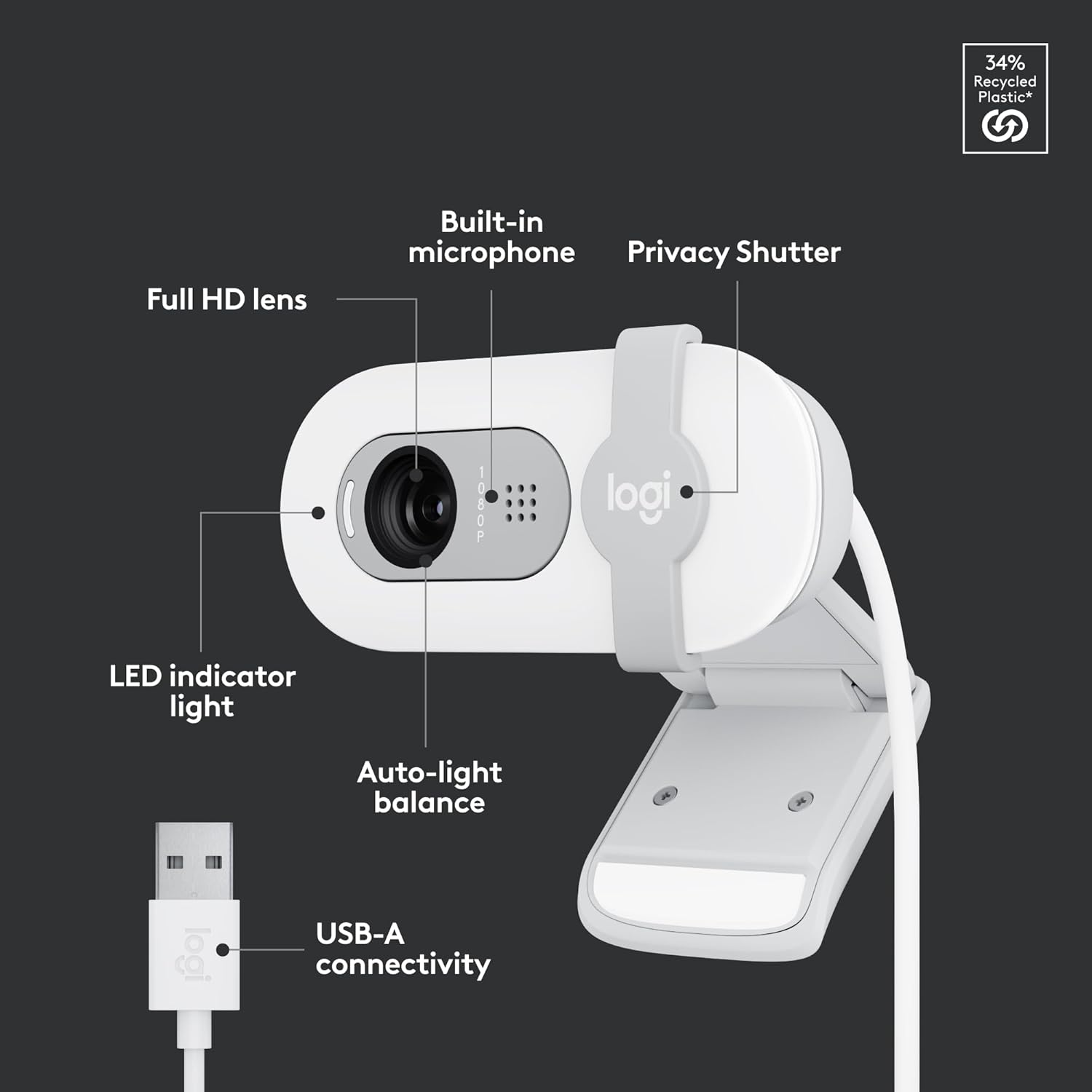 Logitech Brio 100 Full HD 1080p Webcam for Meetings, Streaming, Desktop, Laptop, PC - Built-in Mic, Shutter, USB-A, Teams, Zoom - Off-White