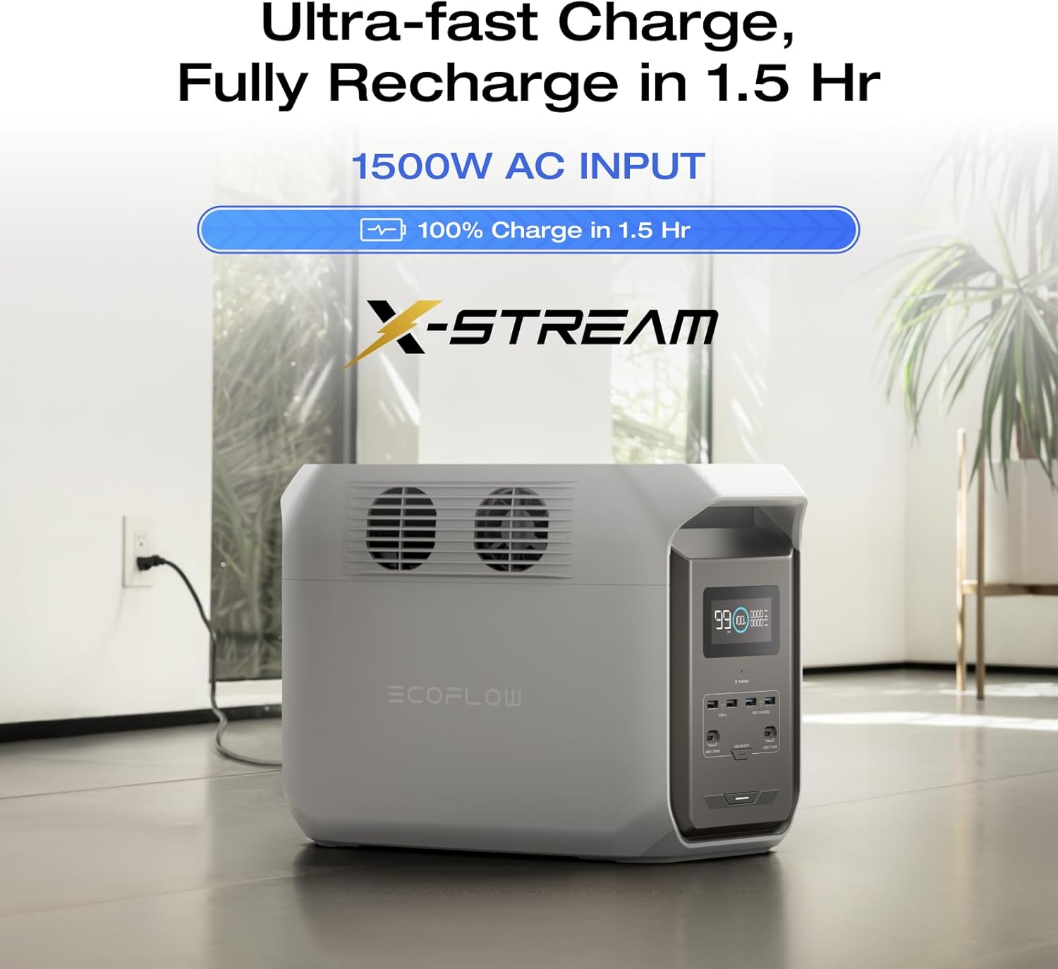 EF ECOFLOW Portable Power Station DELTA 3 1500, 1536Wh LiFePO4 Battery Power Station, 6X1800W (X-Boost 2200W) AC Outputs, Ultra-Quiet Solar Generator, Fast Charging for Home Backup Use, Camping & RVs