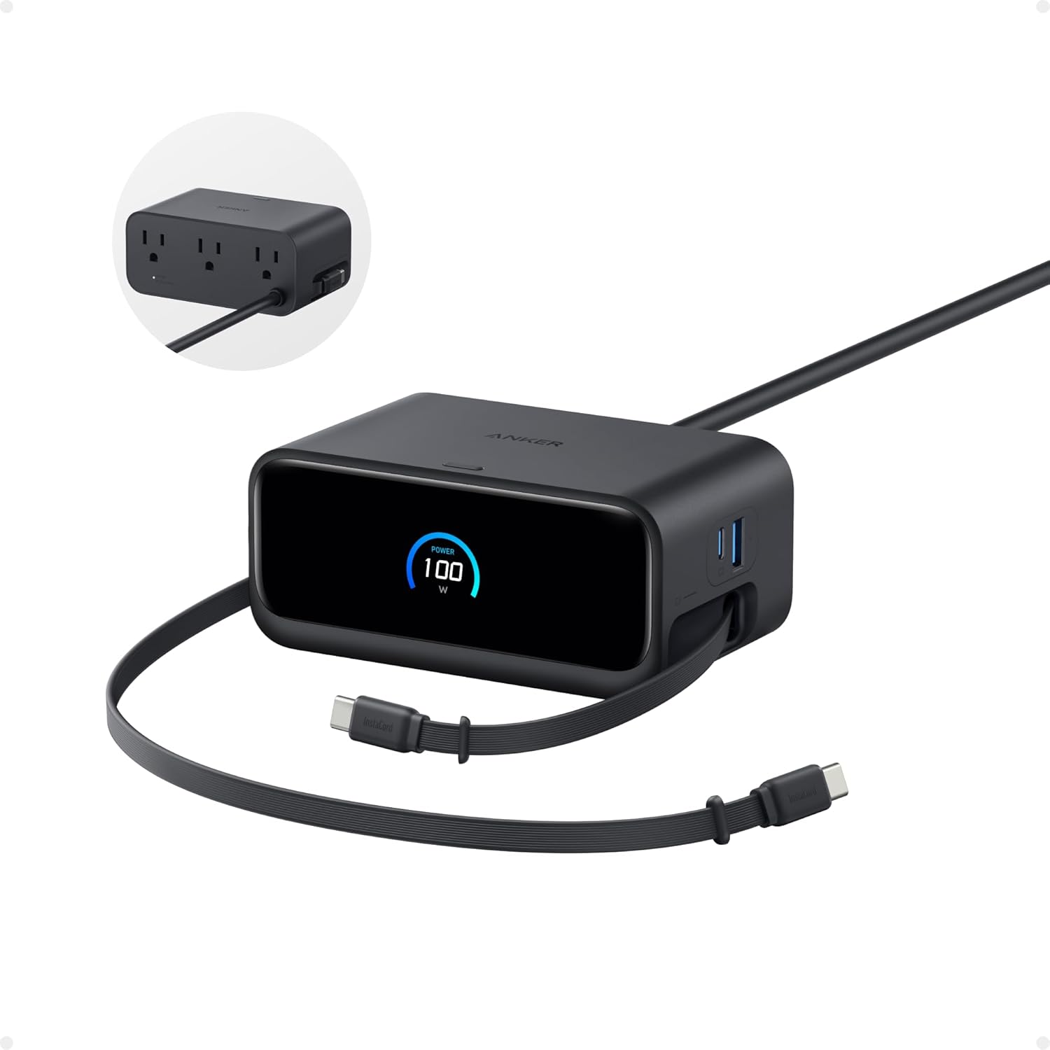 Anker Nano Charging Station, 7-in-1 USB-C Power Strip for iPhone 16, 2.3 ft Anker InstaCord Retractable Cable, 3 USB-C, 1 USB-A, 3 AC, 100W Desktop Fast Charging for MacBook, Home, Office(Non-Battery)