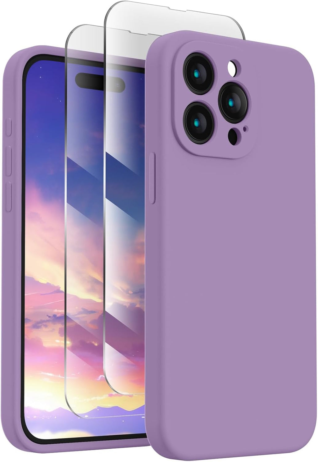 FireNova Designed for iPhone 15 Pro Max Case, Silicone Upgraded [Camera Protection] Phone Case with [2 Screen Protectors], Soft Anti-Scratch Microfiber Lining Inside, 6.7 inch, Light Purple