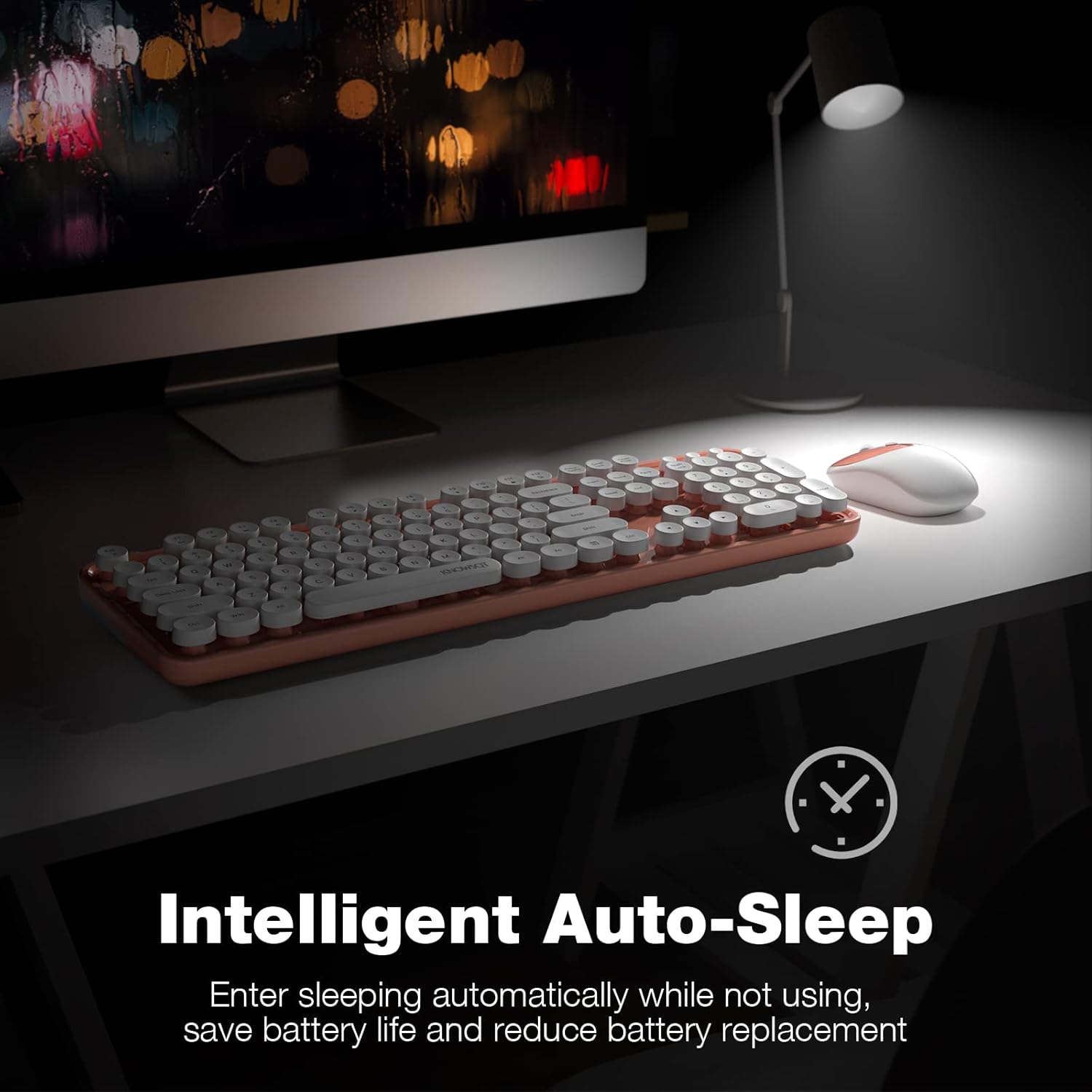 KNOWSQT Wireless Keyboard and Mouse Combo - White-Orange Full-Sized 2.4 GHz 104 Keys Typewriter Cute Keyboard, Round Keycap and Optical Mouse for Windows, Computer, PC, Laptop, Desktop