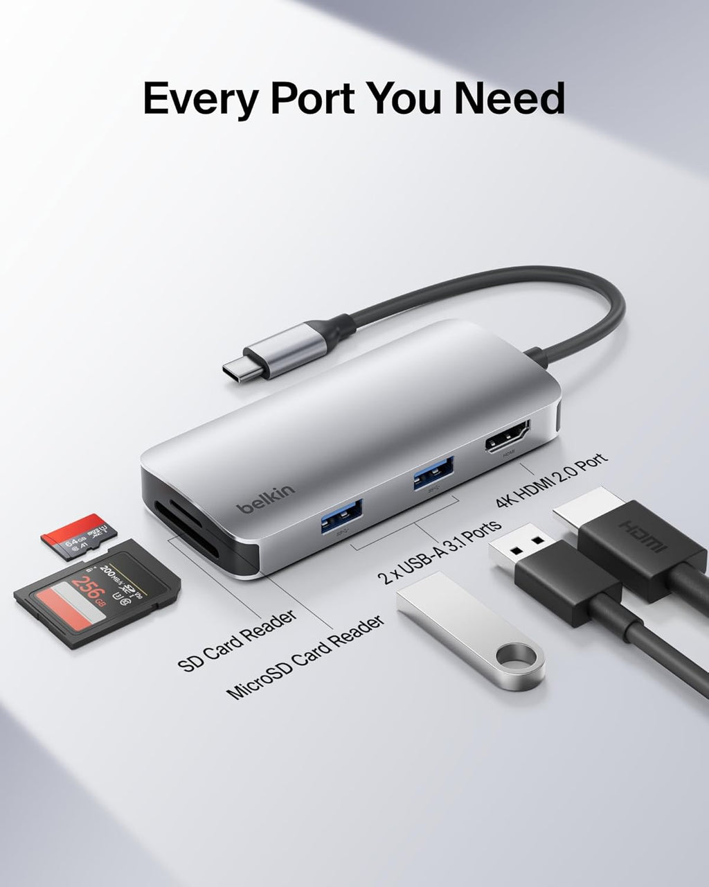 Belkin USB-C Hub, 5-in-1 Multiport Adapter - USB-C Docking Station with 4K HDMI, 2 x USB-A Ports, SD Card Slot, & MicroSD Card Slot for MacBook Pro, Air, iPad Pro, XPS, and More