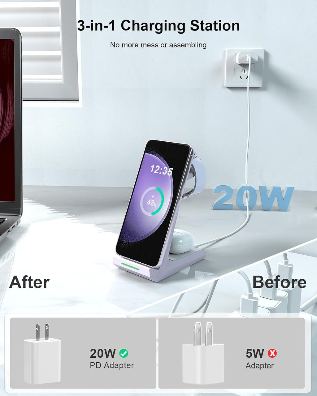 Wireless Charger for Samsung - NANAMI 3 in 1 Charging Station for Multiple Devices,Fast Charger Stand Dock for Galaxy S25 S24 S23 Ultra S22 S21 S20 Z Flip Fold,Galaxy Watch 5/5 Pro/4/3,Galaxy Buds Pro