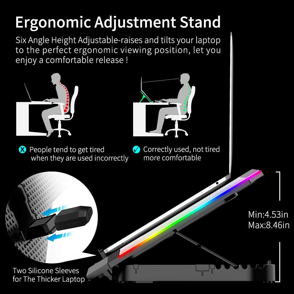 ICE COOREL Gaming Laptop Cooling Pad 15-17.3 Inch, Laptop Fan with 6 RGB Cooling Fans, Laptop Cooling Stand with 6 Height Adjustable, Laptop Cooler with LCD Screen, 2 USB Ports, Phone Stand