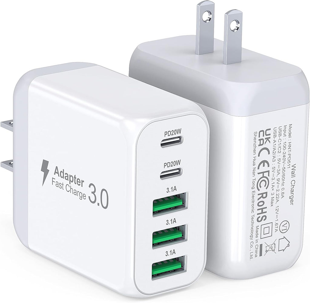 USB C Wall Charger Block, 2Pack 50W 5-Port C Charger Fast Charging Block PD Power Adapter +QC 3.0 Multiport Type C Box Brick Cube USB A Wall Plug for iPhone 16/15/14 Pro Max Plus, iPad,Samsung Galaxy
