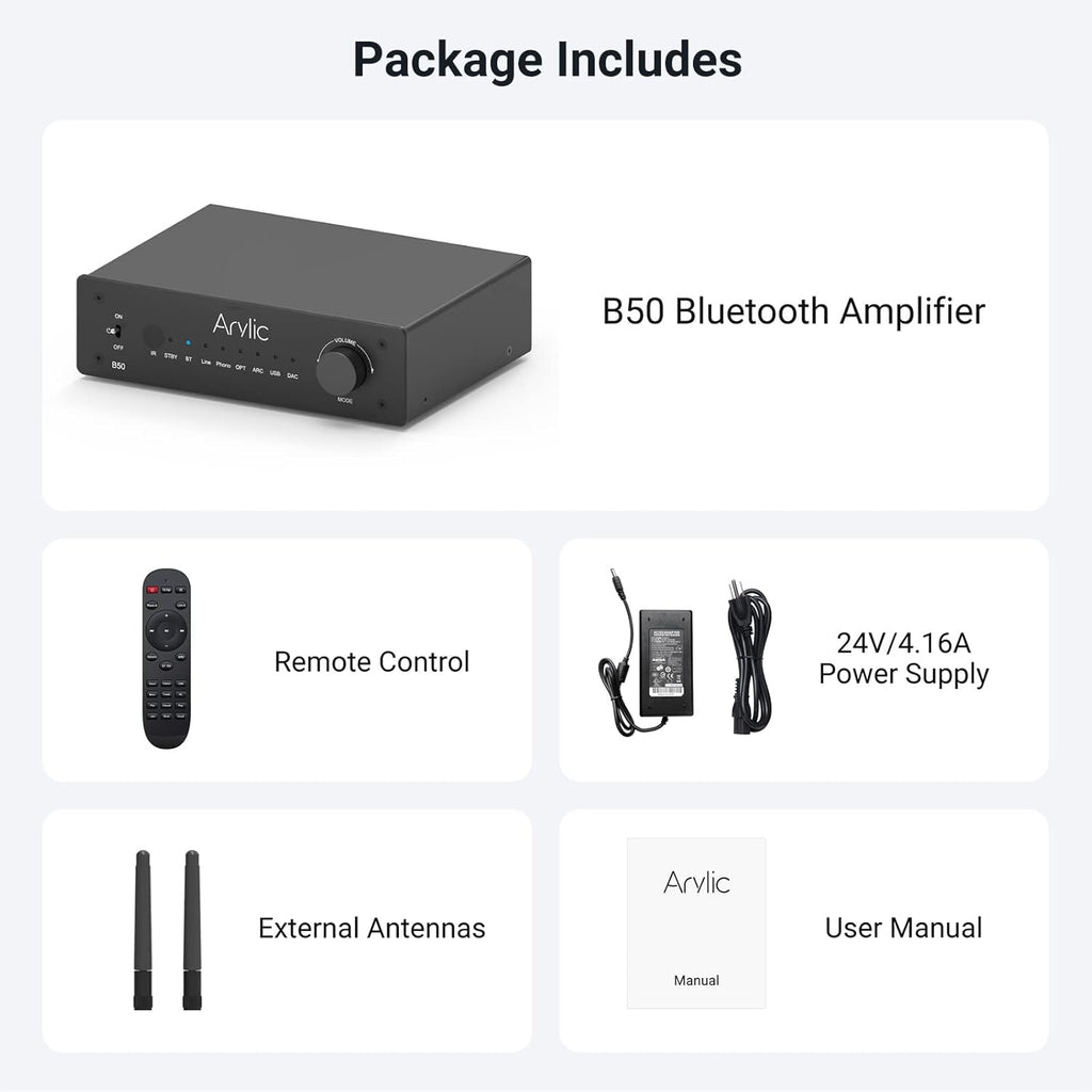 Arylic B50 2 Channel Bluetooth Amplifier with Audio Transmitter, 50W*2 Home Stereo Amplifiers with HDMI ARC,DAC,Phono in and Free APP. Support aptX HD Music Transmission & Reception.