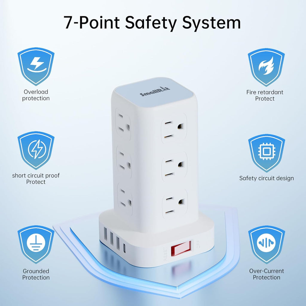 PD20W Power Strip Tower Surge Protector Power Strip with USB 12 Outlets with 4 USB Ports (1 USB C), Flat Plug 10FT Extension Cord Multi Plug Outlet Extender Overload Protection for Home Office
