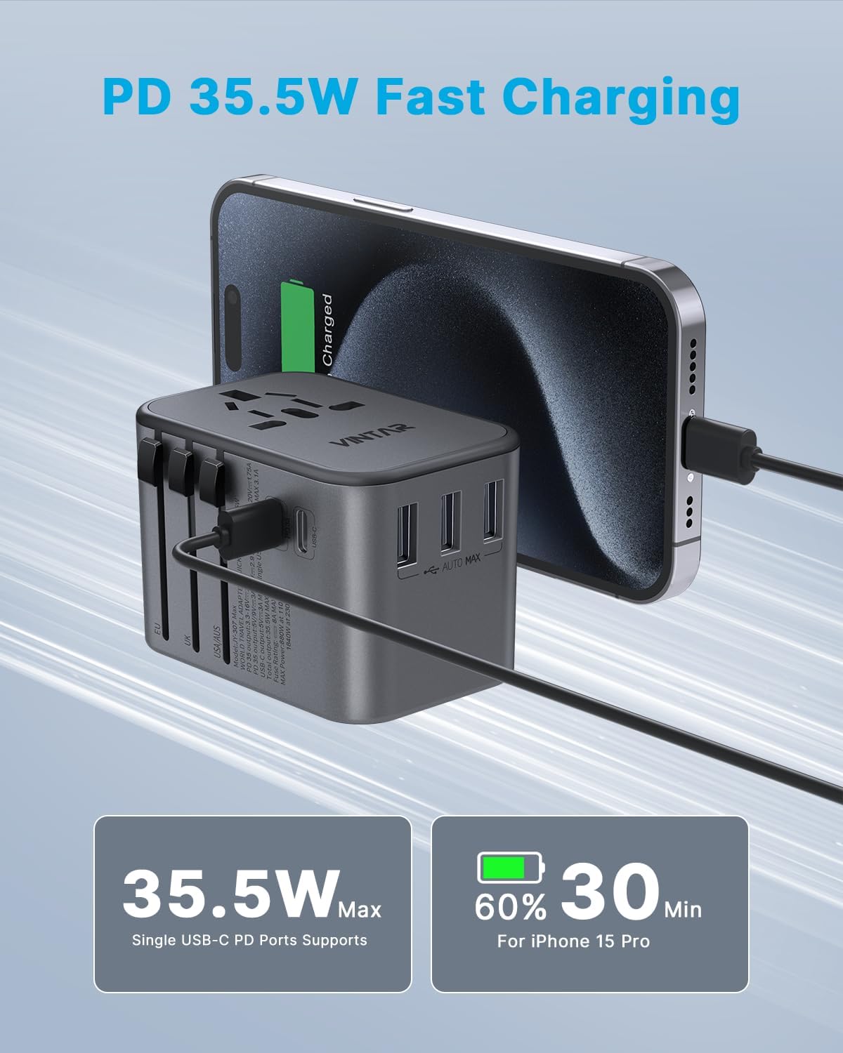 Universal Travel Adapter, VINTAR 35.5W International Power Adapter with 3 USB A QC and 2 USB C PD, All in One Plug Adapter Worldwide Travel Essentials for EU/UK/USA/AUS(Type C/G/A/I), Silver