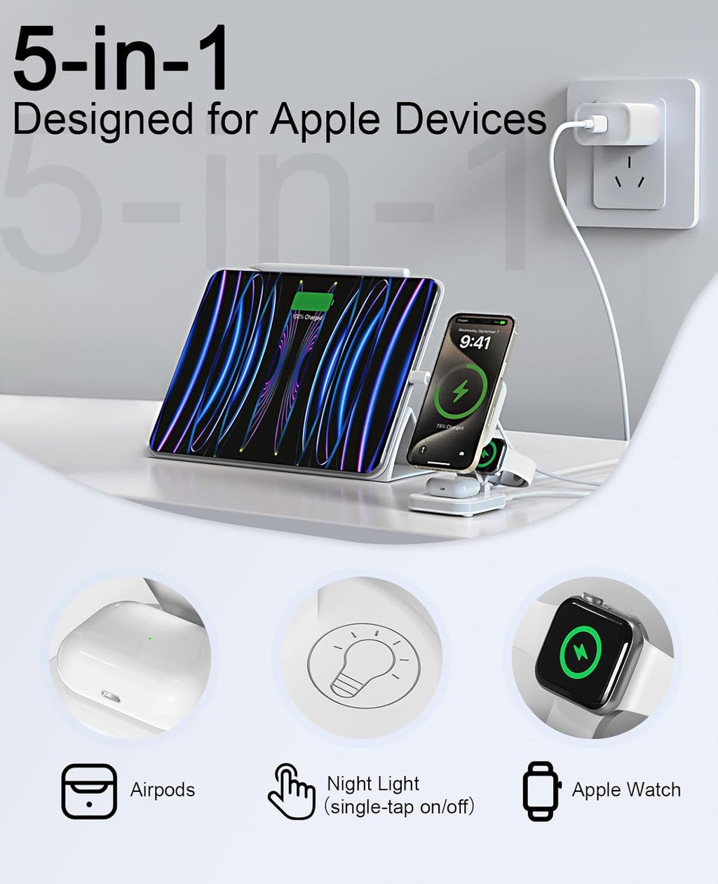 5-in-1 Magnetic Wireless Charging Stand for Apple MagSafe Charger with Night Light for iPhone 16/15/14/13/12, Watch, AirPods, Travel Magnetic Charger Nightstand Charging Station (Adapter Included)